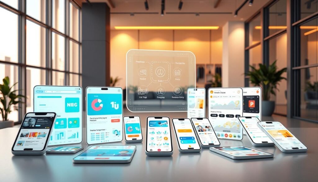 Detailed 3D render of a modern e-commerce no-code app development platform. In the foreground, an array of responsive app interface designs for various industries including healthcare, retail, and finance. In the middle ground, a floating holographic control panel with intuitive drag-and-drop tools for rapid app prototyping. In the background, a sleek and minimalist office setting with floor-to-ceiling windows, bathed in warm indirect lighting that creates a sense of productivity and innovation. The overall atmosphere conveys the effortless power and versatility of no-code app development for enterprises of all sizes.