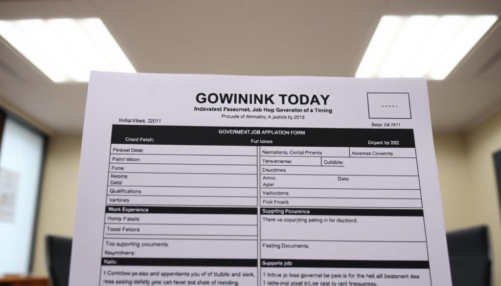 Detailed and official-looking government job application form with professional layout, set against a muted backdrop of a government office interior. Prominent IndiaVibes Today logo in the header. Form includes fields for personal details, qualifications, work experience, and supporting documents. Lighting is soft and directional, with a sense of bureaucratic efficiency. Camera angle is slightly elevated to convey the formality and gravity of the application process. Overall mood is serious but not intimidating, reflecting the importance of securing a coveted government position.