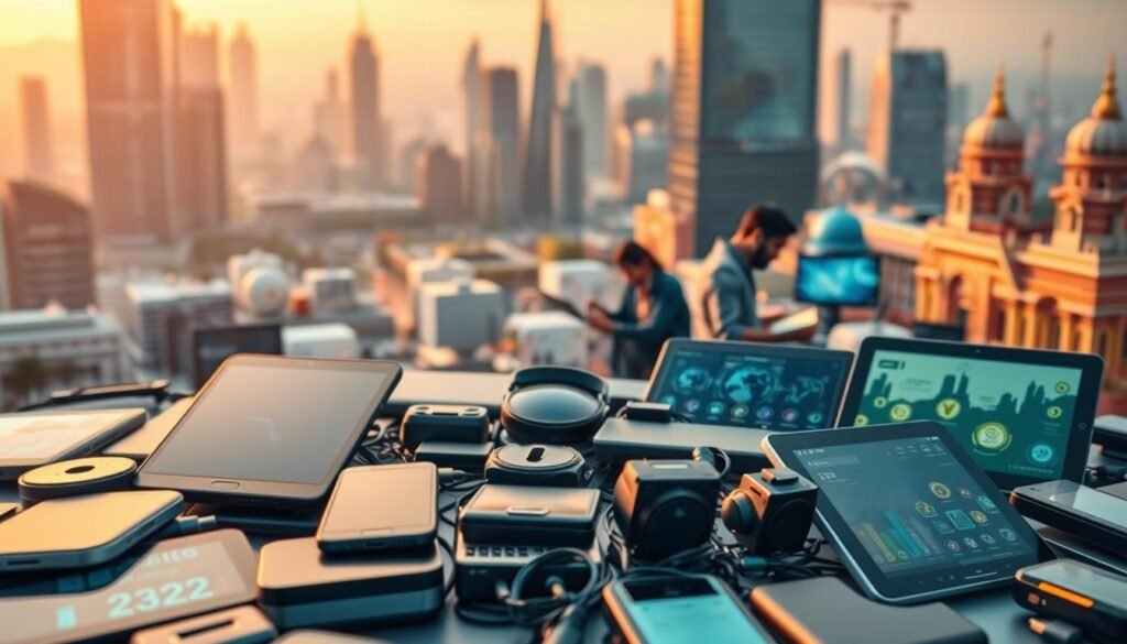 Emerging technologies in India: A dynamic landscape of innovation. In the foreground, a cluster of cutting-edge devices - sleek smartphones, futuristic wearables, and powerful AI-driven tablets. In the middle ground, programmers and engineers collaborating in a vibrant workspace, their screens reflecting the latest software advancements. The background showcases the diverse Indian landscape, with modern skyscrapers juxtaposed against the vibrant colors of traditional architecture. Soft, warm lighting illuminates the scene, creating a sense of progress and optimism. Captured through a wide-angle lens, the image conveys the scope and energy of India's thriving tech ecosystem, poised to shape the future.