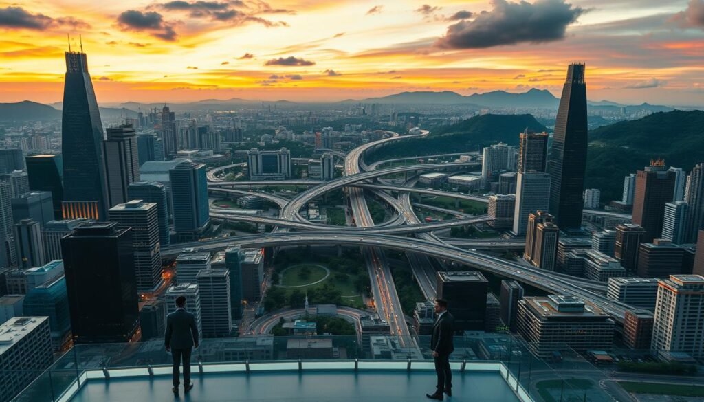 Expansive cityscape at dusk, towering skyscrapers and modern architecture representing the economic transformation of India in 1991. In the foreground, a bustling financial district with stockbrokers and executives in sharp suits, conveying a sense of progress and dynamism. In the middle ground, a sprawling highway network connecting the city, symbolizing increased trade and infrastructure development. The background features lush green hills and a vibrant, colorful sky, suggesting the country's natural beauty and optimism for the future. Cinematic lighting casts dramatic shadows, evoking the significance and gravity of the 1991 economic reforms.