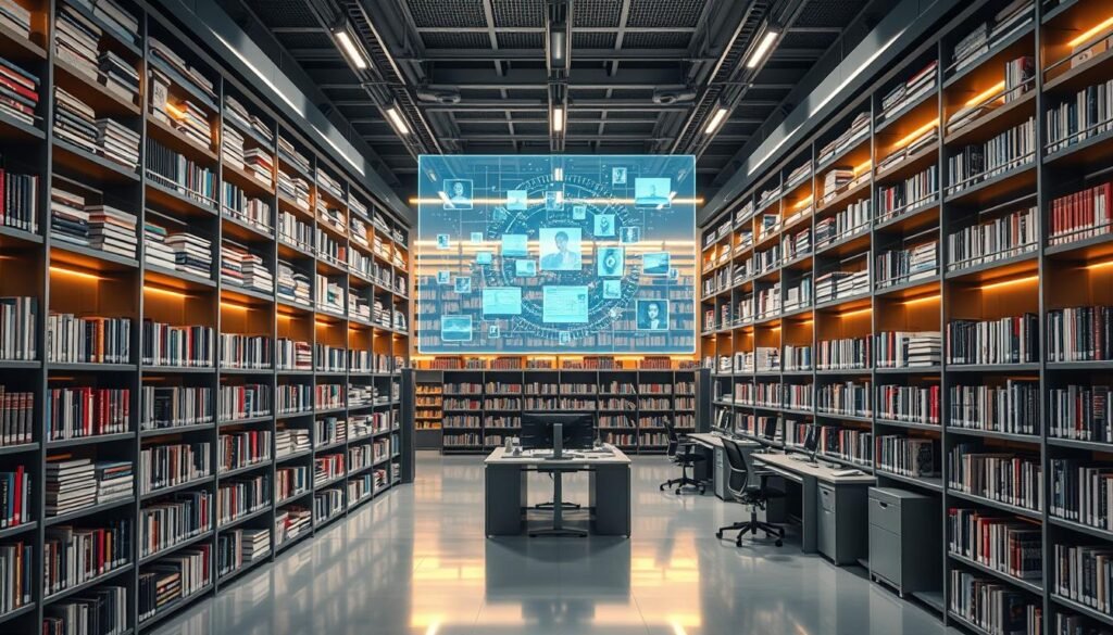 Expansive digital library, rows of sleek metal shelves stacked high with digital books and journals, bathed in warm diffused lighting. A central workspace area with ergonomic workstations, high-resolution monitors, and state-of-the-art computing hardware. Floating holographic interfaces and transparent touchscreens showcase a wealth of digital content, seamlessly integrating virtual and physical spaces. The atmosphere is one of focused productivity and intellectual discovery, reflecting the transformative power of technology in modern distance education. Expansive digital library, rows of sleek metal shelves stacked high with digital books and journals, bathed in warm diffused lighting. A central workspace area with ergonomic workstations, high-resolution monitors, and state-of-the-art computing hardware. Floating holographic interfaces and transparent touchscreens showcase a wealth of digital content, seamlessly integrating virtual and physical spaces. The atmosphere is one of focused productivity and intellectual discovery, reflecting the transformative power of technology in modern distance education.