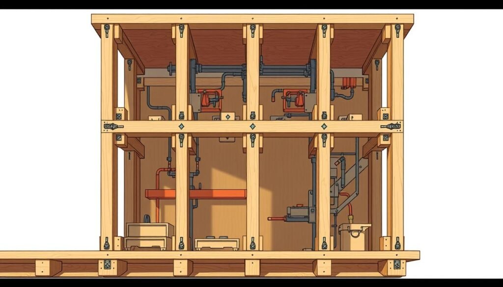 Intricate joist design, showcasing advanced engineering techniques. A detailed cross-section of a sturdy, load-bearing joist system, expertly crafted to provide maximum structural integrity. The design features reinforced beams, strategically placed supports, and meticulously calculated stress distribution. Rendered in a warm, technical illustration style, with clean lines, subtle shadows, and a focus on the precision of the engineering. Captured from a slightly elevated angle, providing a clear view of the joist's innovative internal architecture. The overall mood is one of technical excellence, precision, and a commitment to innovative construction solutions.