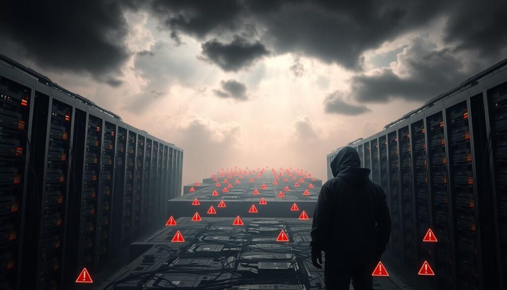 Looming clouds cast an ominous shadow over a modern enterprise datacenter. In the foreground, a network diagram displays a complex web of interconnected systems, each a potential vulnerability. Amid the servers and cables, a lone figure in a hoodie symbolizes the ever-present threat of cyber-attacks. The middle ground features a sprawling cloud infrastructure, its boundaries blurred and indistinct. Scattered throughout are glowing red warning icons, signaling the myriad risks - from data breaches to compliance failures - that lurk within the enterprise cloud. The background is hazy, suggesting the uncertainty and unpredictability of the evolving threat landscape. Dramatic lighting and cinematic angles convey a sense of foreboding, underscoring the grave importance of diligent cloud security practices. Looming clouds cast an ominous shadow over a modern enterprise datacenter. In the foreground, a network diagram displays a complex web of interconnected systems, each a potential vulnerability. Amid the servers and cables, a lone figure in a hoodie symbolizes the ever-present threat of cyber-attacks. The middle ground features a sprawling cloud infrastructure, its boundaries blurred and indistinct. Scattered throughout are glowing red warning icons, signaling the myriad risks - from data breaches to compliance failures - that lurk within the enterprise cloud. The background is hazy, suggesting the uncertainty and unpredictability of the evolving threat landscape. Dramatic lighting and cinematic angles convey a sense of foreboding, underscoring the grave importance of diligent cloud security practices.
