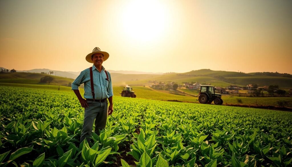 Lush green fields stretch out under a warm, golden sun, a symbol of the transformative "Green Revolution" that swept across the world. In the foreground, a farmer proudly stands amidst thriving crops, embodying the technological advancements and improved agricultural practices that revolutionized rural landscapes. In the middle ground, a tractor tills the soil, a testament to the mechanization that boosted productivity. In the background, a village nestled among rolling hills represents the societal changes that accompanied this agricultural renaissance. The scene exudes a sense of progress, innovation, and the hope for a more bountiful future, capturing the essence of the introduction to the Green Revolution.