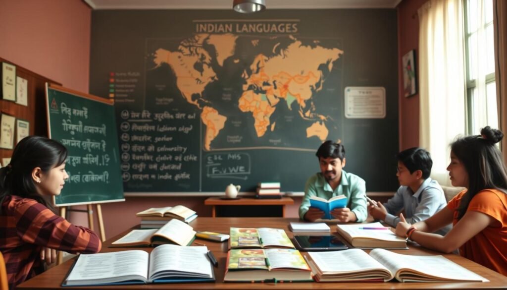 Online Indian languages learning platform, featuring students of diverse backgrounds immersed in interactive lessons. Warm, natural lighting illuminates a cozy classroom setting, with a chalkboard displaying various scripts in the foreground. Vibrant textbooks, digital devices, and learning materials occupy the middle ground, conveying a sense of modern, engaging pedagogy. In the background, a world map showcases the rich linguistic diversity of the Indian subcontinent. The scene exudes a welcoming, educational atmosphere, inspiring a deeper appreciation for the beauty and complexity of Indian languages.