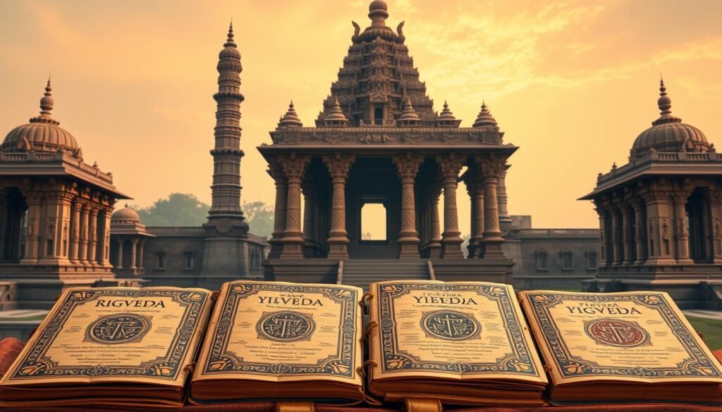 Overview of the four Vedas, set against a backdrop of ancient Indian architecture and a serene, golden-hued sky. In the foreground, four ornate manuscripts, each representing one of the Vedas - Rigveda, Yajurveda, Samaveda, and Atharvaveda - are arranged with reverence, their covers embellished with intricate designs. The middle ground depicts towering, pillared structures characteristic of traditional Hindu temples, their facades adorned with intricate carvings and sculptures. The lighting is warm and mellow, creating an atmosphere of timeless wisdom and spiritual contemplation. The overall composition conveys the profound significance and enduring legacy of these foundational texts that have shaped India's spiritual and cultural heritage. Overview of the four Vedas, set against a backdrop of ancient Indian architecture and a serene, golden-hued sky. In the foreground, four ornate manuscripts, each representing one of the Vedas - Rigveda, Yajurveda, Samaveda, and Atharvaveda - are arranged with reverence, their covers embellished with intricate designs. The middle ground depicts towering, pillared structures characteristic of traditional Hindu temples, their facades adorned with intricate carvings and sculptures. The lighting is warm and mellow, creating an atmosphere of timeless wisdom and spiritual contemplation. The overall composition conveys the profound significance and enduring legacy of these foundational texts that have shaped India's spiritual and cultural heritage.