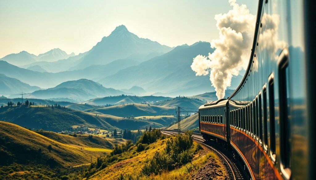 Scenic train journeys in India: a breathtaking panorama of majestic mountains, lush valleys, and winding tracks. Capture the essence of this captivating experience through a cinematic lens. In the foreground, a sleek locomotive winds its way through a verdant landscape, its steam plumes cutting through the crisp, golden-hued light. In the middle ground, towering peaks with snow-capped summits rise, casting dramatic shadows across the scene. The background showcases a tapestry of rolling hills, dotted with vibrant flora and punctuated by the occasional quaint village. Infuse the image with a sense of timeless wonder, a harmonious blend of natural beauty and human ingenuity.