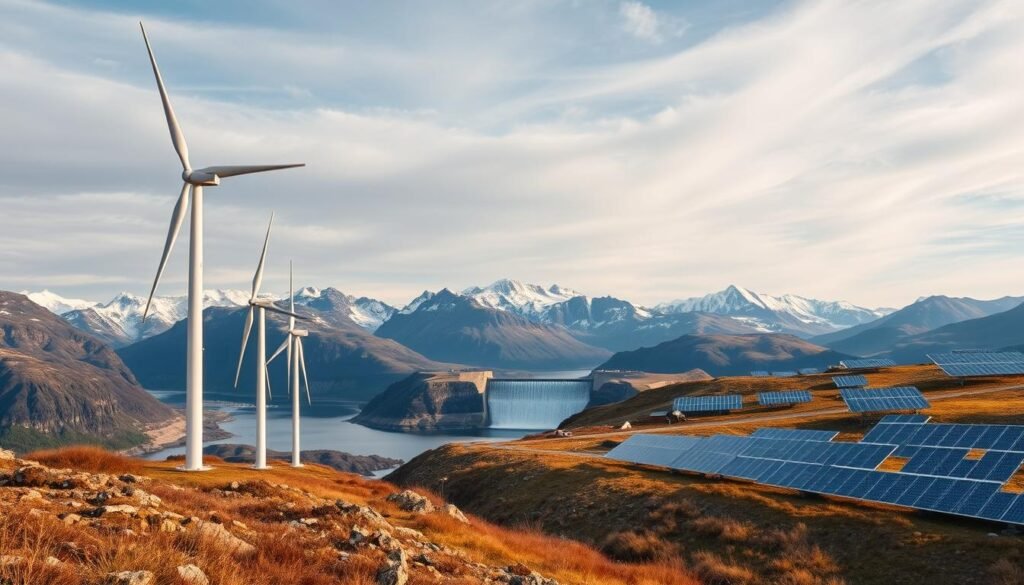 Sweeping fjords and majestic mountains frame a dynamic landscape of Norway's renewable energy revolution. In the foreground, towering wind turbines stand tall, their blades cutting gracefully through the crisp air. In the middle ground, a hydroelectric dam stands as a testament to Norway's commitment to clean power, its waters cascading over the rocky terrain. In the distance, gleaming solar panels dot the rolling hills, harnessing the abundant Scandinavian sunlight. The scene is bathed in a soft, golden glow, capturing the harmony between nature and technology. The overall atmosphere exudes a sense of progress, innovation, and environmental responsibility - Norway's renewable energy projects shaping a sustainable future.