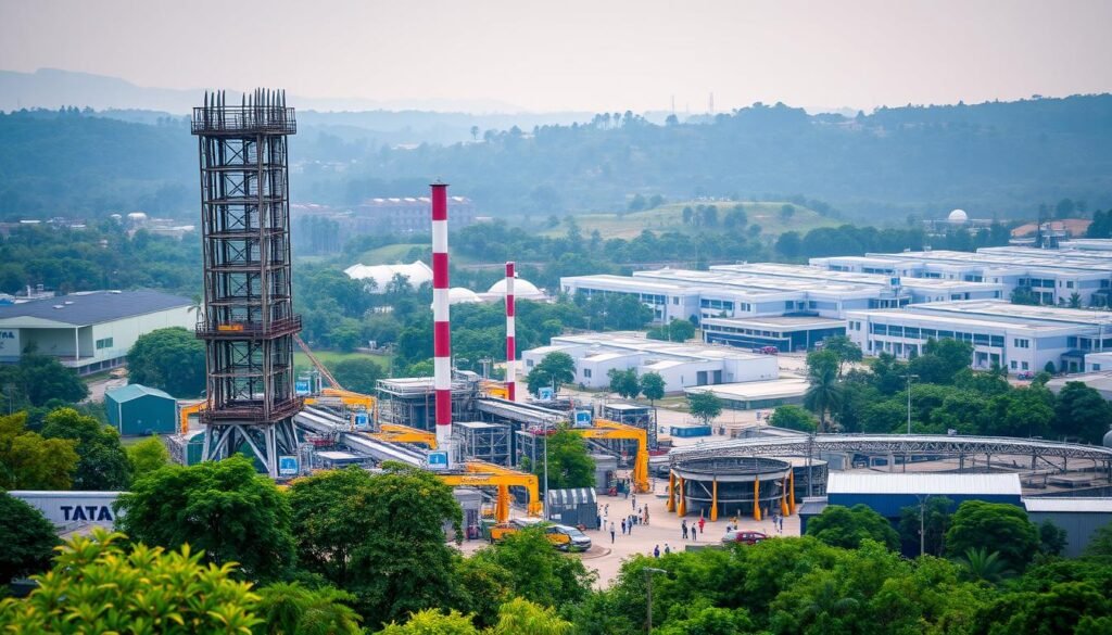 Tata manufacturing: a state-of-the-art industrial facility nestled amidst lush greenery. In the foreground, towering steel structures and gleaming machinery stand as symbols of Tata's technological prowess. Midground, skilled workers in protective gear bustle about, overseeing intricate production processes. In the background, a sprawling campus with sleek, modern buildings reflects Tata's commitment to sustainability. Soft, diffused lighting illuminates the scene, creating a sense of harmony and efficiency. The composition emphasizes the seamless integration of human and machine, showcasing Tata's leadership in India's industrial renaissance.