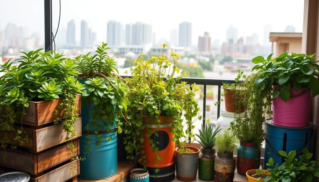 Vibrant repurposed planters overflowing with lush, cascading greenery adorn a cozy urban balcony. In the foreground, an eclectic mix of upcycled containers - rustic wooden crates, colorful tin buckets, and repurposed glass jars - brim with thriving succulents and trailing vines. Soft, diffused natural light filters through a canopy of potted plants in the middle ground, casting gentle shadows and highlighting the unique textures of the reclaimed materials. In the background, a city skyline with towering high-rises provides a dynamic contrast, emphasizing the harmonious blend of nature and urban living. The overall scene exudes a sense of creativity, sustainability, and tranquility, perfectly capturing the essence of a thriving balcony garden in an Indian city. Vibrant repurposed planters overflowing with lush, cascading greenery adorn a cozy urban balcony. In the foreground, an eclectic mix of upcycled containers - rustic wooden crates, colorful tin buckets, and repurposed glass jars - brim with thriving succulents and trailing vines. Soft, diffused natural light filters through a canopy of potted plants in the middle ground, casting gentle shadows and highlighting the unique textures of the reclaimed materials. In the background, a city skyline with towering high-rises provides a dynamic contrast, emphasizing the harmonious blend of nature and urban living. The overall scene exudes a sense of creativity, sustainability, and tranquility, perfectly capturing the essence of a thriving balcony garden in an Indian city.