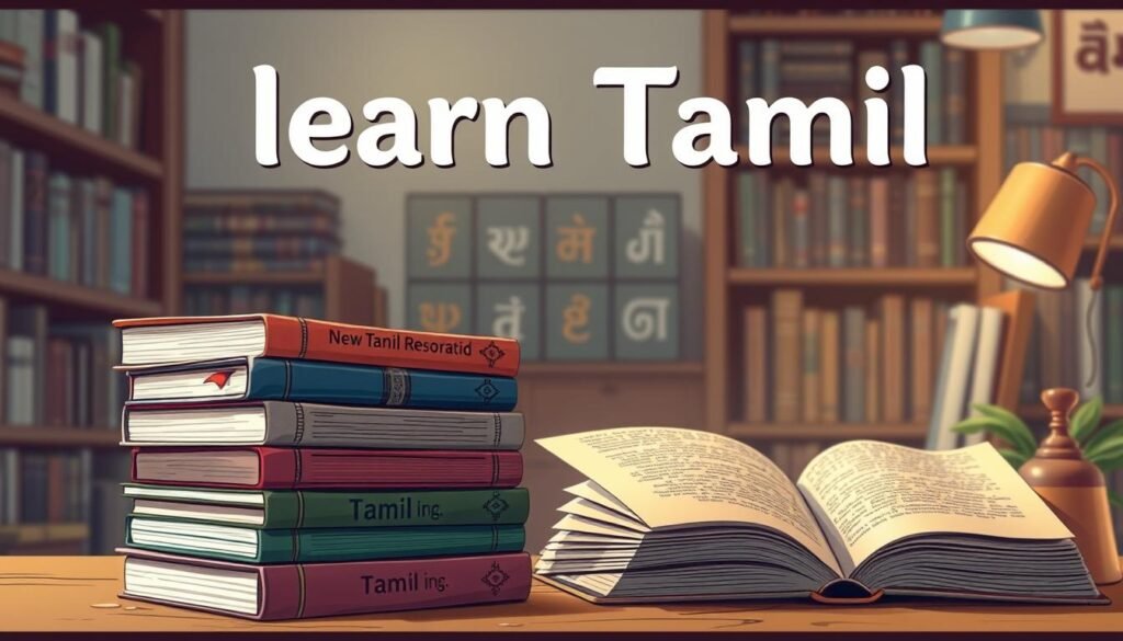 a detailed illustration of "learn Tamil" with a focus on language resources, including a stack of Tamil language books and study materials in the foreground, with a Tamil script font and language alphabet symbols in the background. The scene is set in a cozy, warm-toned library or study environment, with soft lighting and a sense of tranquility and focus, conveying the mood of exploration and immersion in the Tamil language.