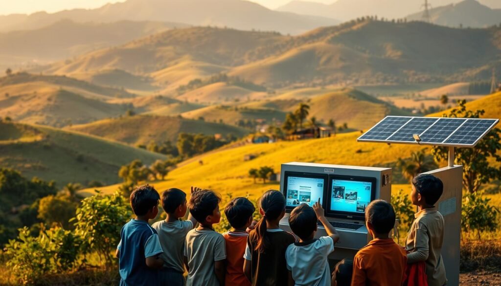 a digital landscape of rural India, featuring rolling hills and lush greenery in the background, with a small village nestled in the distance. In the foreground, a group of children gathered around a solar-powered computer kiosk, their faces lit by the glow of the screens as they eagerly explore educational content. The scene is bathed in warm, golden light, conveying a sense of hope and progress in bridging the digital divide. The composition is clean and balanced, with a focus on the harmonious integration of technology and the natural environment. a digital landscape of rural India, featuring rolling hills and lush greenery in the background, with a small village nestled in the distance. In the foreground, a group of children gathered around a solar-powered computer kiosk, their faces lit by the glow of the screens as they eagerly explore educational content. The scene is bathed in warm, golden light, conveying a sense of hope and progress in bridging the digital divide. The composition is clean and balanced, with a focus on the harmonious integration of technology and the natural environment.