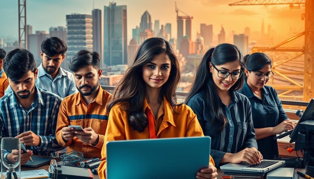 a diverse group of young Indian workers, both men and women, engaged in various occupations such as manufacturing, IT, and service industries. The foreground depicts individuals in modern business attire, working diligently with laptops, tools, and equipment, reflecting the energy and dynamism of India's youth workforce. The middle ground showcases a bustling urban setting, with skyscrapers and infrastructure in the background, symbolizing the rapid economic growth and development of the country. Warm, directional lighting illuminates the scene, creating a sense of optimism and progress. The overall composition captures the spirit of India's demographic dividend, where the country's youthful population is poised to drive its economic transformation.