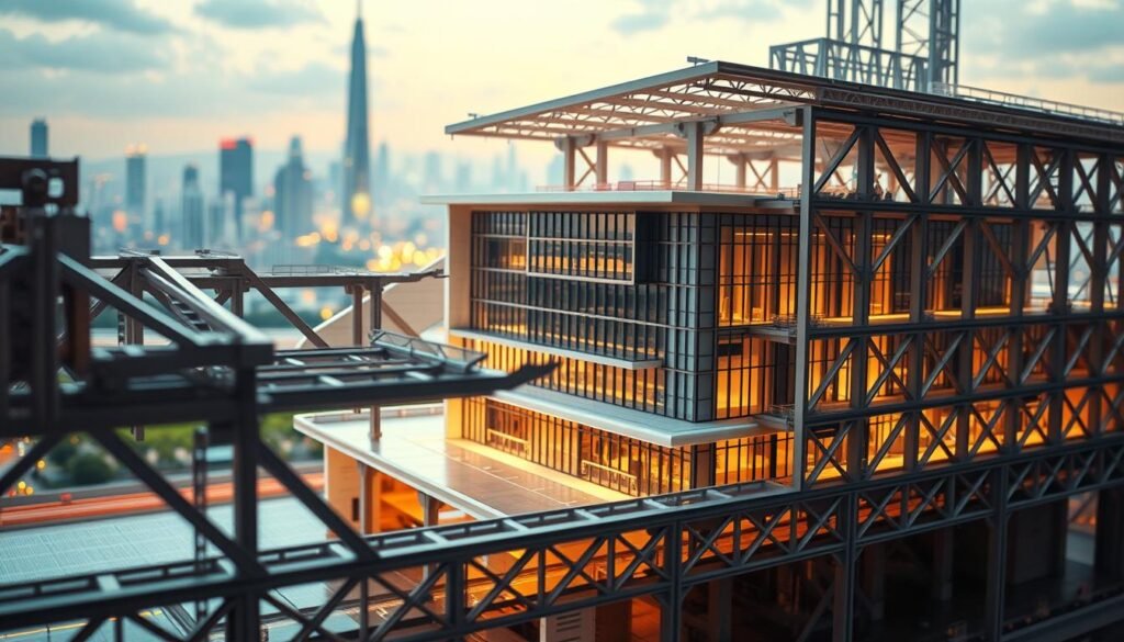 a high-tech architectural model with seamless integration of engineering elements, showcasing a visually striking and harmonious collaboration between the two disciplines. The foreground features an intricate network of structural beams, columns, and trusses, crafted with precision engineering. The middle ground displays a sleek, contemporary building design with clean lines and geometric shapes, reflecting the principles of modern architecture. In the background, a vibrant, futuristic cityscape sets the scene, hinting at the innovative and forward-thinking nature of the design. The lighting is dramatic, with a mix of warm and cool tones that accentuate the interplay between the architectural and engineering components. The overall atmosphere conveys a sense of technical sophistication, innovation, and the synergistic relationship between the built environment and its underlying structural systems.