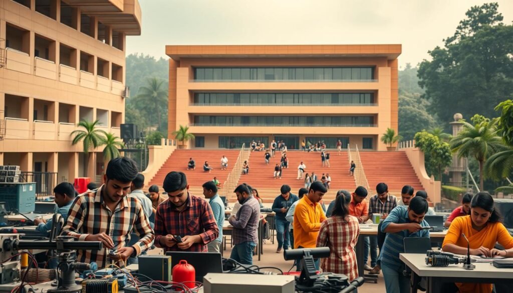a highly detailed, cinematic, hyper-realistic 4k image of a modern technical education institute in India. The foreground shows a group of students working on various technical projects in a well-equipped workshop, with a mix of men and women collaborating intently. The middle ground features a large, airy lecture hall with tiered seating and state-of-the-art audio-visual equipment. The background showcases the institute's facade, a striking blend of traditional and contemporary architecture, set against a backdrop of lush greenery. Warm, diffused lighting bathes the scene, creating a sense of productivity and inspiration. The overall atmosphere conveys the vibrant energy and innovative spirit of technical education in India.