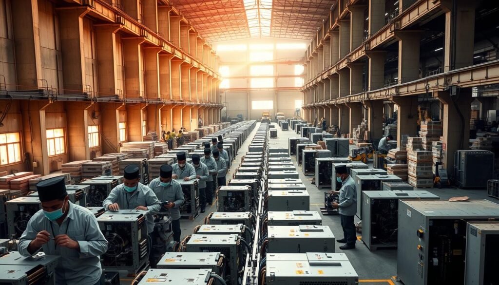 a large industrial factory, with towering concrete walls and rows of industrial machinery, bathed in the warm glow of natural lighting streaming in through massive windows. In the foreground, a group of workers in protective gear assemble sophisticated power supply units, their faces obscured by face masks as they carefully manipulate the intricate components. In the middle ground, a conveyor belt carries freshly assembled PSUs towards the packaging area, while in the background, forklifts and cranes move pallets of raw materials and finished products. The scene conveys a sense of efficiency, productivity, and the vital role these public sector undertakings play in powering India's industrial growth.