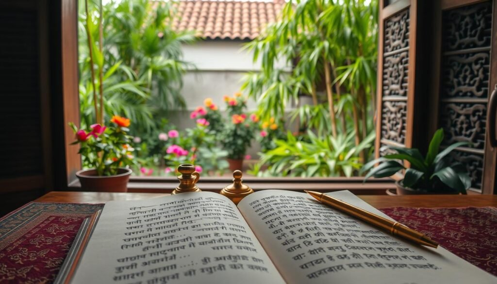 a serene Bengali-inspired scene with a calm, tranquil atmosphere. in the foreground, an open Bengali textbook rests on a wooden desk, its pages filled with elegant Bengali script. beside it, a brass pen and inkwell sit atop ornate patterned fabric. in the middle ground, a window overlooks a lush, verdant garden filled with vibrant flowering plants and swaying bamboo trees. soft, diffused natural lighting filters in, casting a warm, inviting glow. in the background, a traditional tiled roof and carved wooden shutters suggest an architectural style common to Bengal. the overall scene evokes a sense of cultural richness and a desire to learn the captivating Bengali language.
