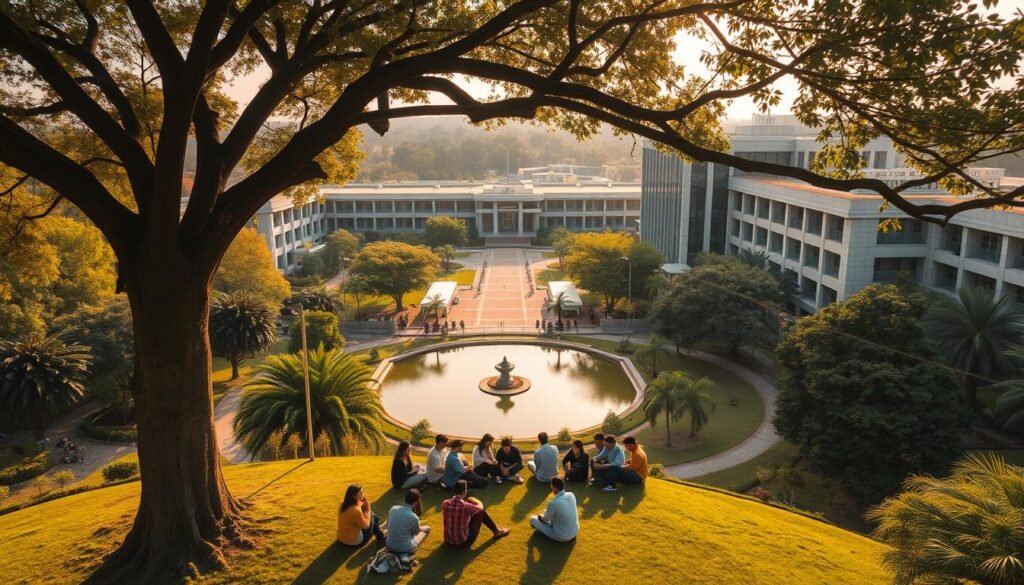 a stunning aerial view of the iconic Indian Institute of Science (IISc) campus in Bangalore, surrounded by lush green landscapes and modern architecture. In the foreground, a group of diverse students are gathered under the shade of a large tree, engaged in lively discussions and studying together. In the middle ground, a serene pond reflects the campus buildings, while in the background, the renowned IISc research and innovation facilities stand tall, symbolizing the institute's commitment to advancing scientific knowledge. The scene is bathed in warm, golden sunlight, creating a sense of harmony and intellectual vibrancy. The overall mood is one of academic excellence, collaboration, and the pursuit of knowledge.