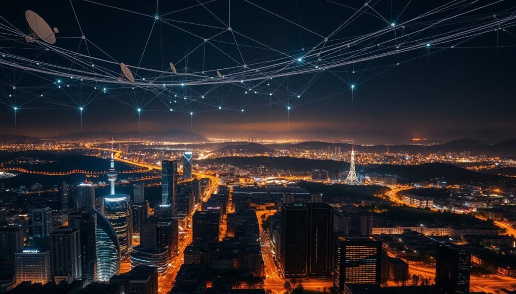 a vast network of digital infrastructure, with glowing fiber-optic cables and satellite dishes spanning the globe, illuminating the night sky. in the foreground, a bustling city skyline with gleaming skyscrapers and bustling streets, reflecting the digital revolution. in the middle ground, towering server racks and data centers hum with the steady pulse of information, powering the digital economy. the background is a panoramic vista of rolling hills and lush forests, symbolizing the boundless potential of the digital frontier. the scene is lit by a warm, diffuse glow, creating a sense of progress and innovation. the composition is balanced, with clean lines and a sense of depth, capturing the scale and scope of the digital expansion.