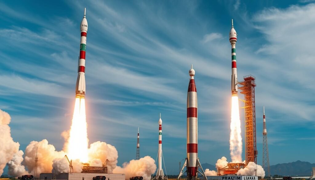 high-detailed, photorealistic image of various Indian launch vehicles, including the PSLV, GSLV, and LVM3, against a backdrop of a clear blue sky with wispy clouds. The rockets are shown in different stages of their launch sequences, with plumes of exhaust and flames erupting from their nozzles. The foreground features a close-up view of the intricate details and engineering of the vehicles, while the middle ground showcases the vehicles in different poses, sizes, and configurations. The background provides a sense of scale, with distant mountains or a sprawling launch complex visible. The lighting is dramatic, with a mix of warm and cool tones, and the image is captured with a wide-angle lens to emphasize the grandeur and power of these engineering marvels.