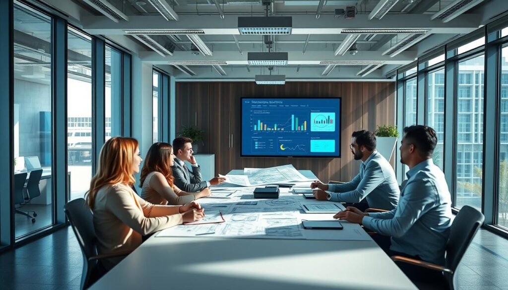 strategic solutions for businesses, a modern office scene with a large conference table, executives discussing plans and ideas, the room is well-lit with floor-to-ceiling windows, sleek minimalist furniture and decor, a projection screen displays colorful data visualizations, the team appears focused and engaged, a sense of collaboration and innovation pervades the space, high-key lighting from the windows creates dramatic shadows, the camera angle is slightly elevated to convey a sense of importance and authority